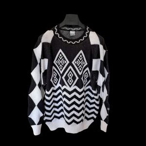 80's Head Sportswear XL Geometric Knit Tennis Sweater Black White Chevron